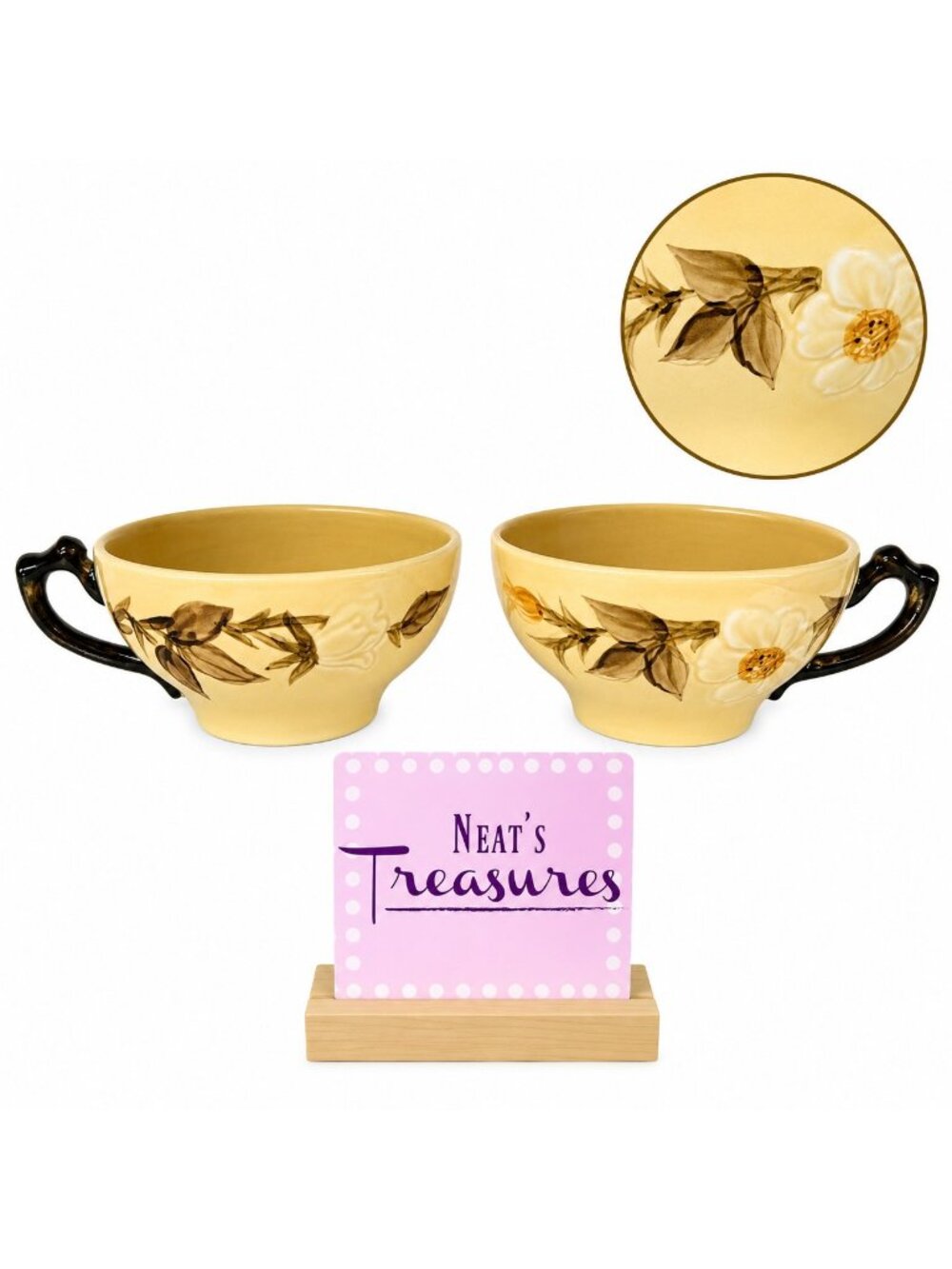 Franciscan CAFE ROYAL Embossed Flower Brown Leave Earthenware 8oz Flat Cup Set 2